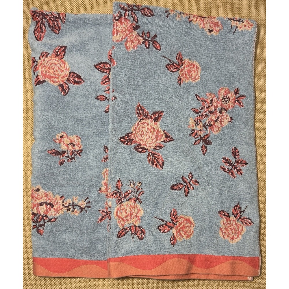 Anthropologie Towel Set Floral Blue Coral Plush‎ Cotton Anthro Bathroom Decor